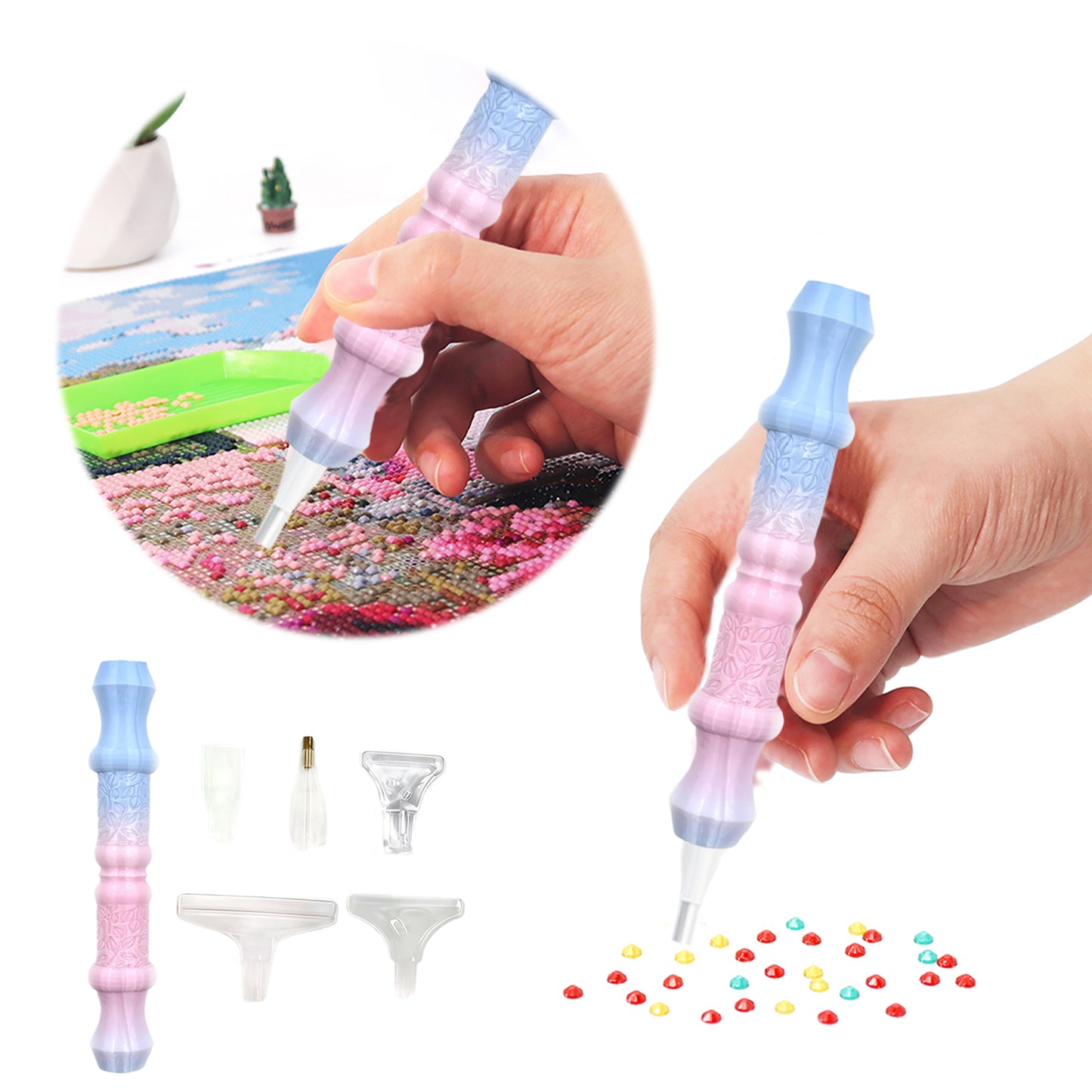 Diamond Painting Pen with 5 Tips Diamond Art Accessories and Tools (Blue Pink)