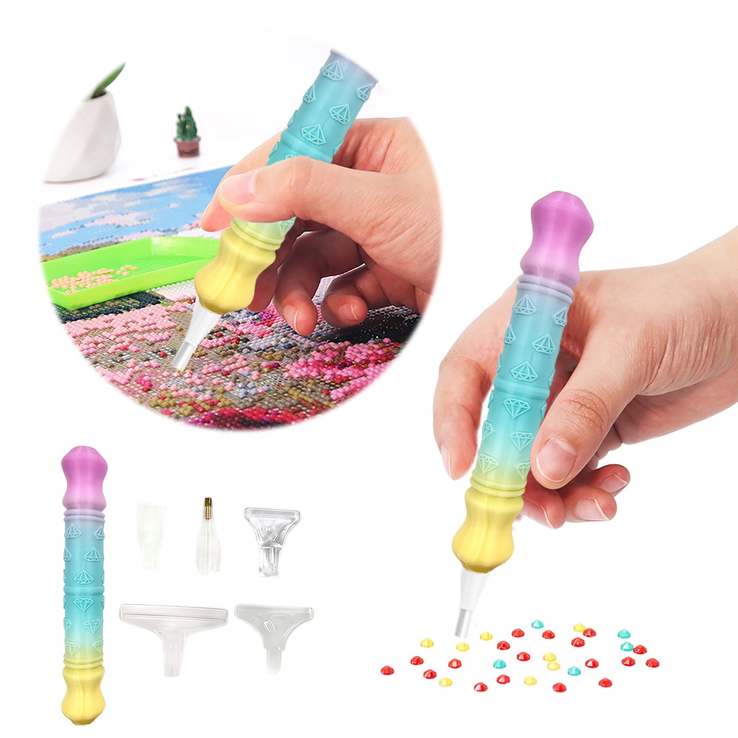 Diamond Painting Pen with 5 Tips 5D Diamond Painting Tools (Pink Blue Yellow)