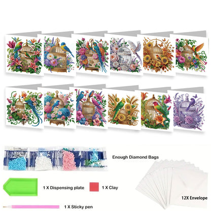 12Pcs Birdcage DIY Diamond Painting Greeting Card Kit for Adults Holiday Gifts