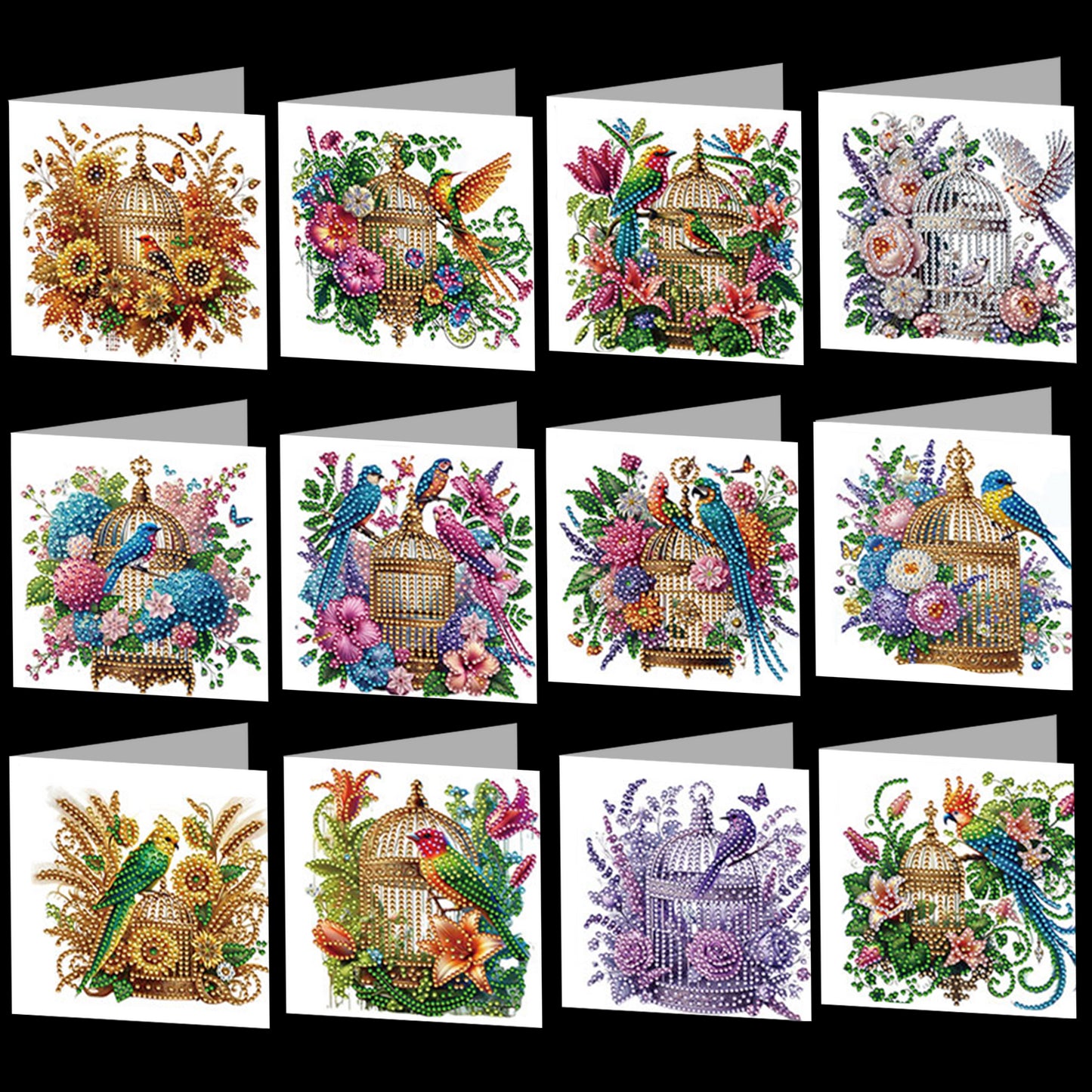 12Pcs Birdcage DIY Diamond Painting Greeting Card Kit for Adults Holiday Gifts
