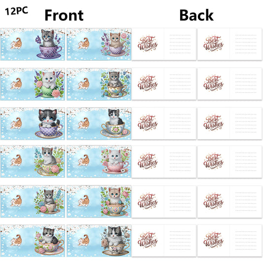 12Pcs Teacup Cat DIY Diamond Painting Greeting Card Kit for Adults Gifts