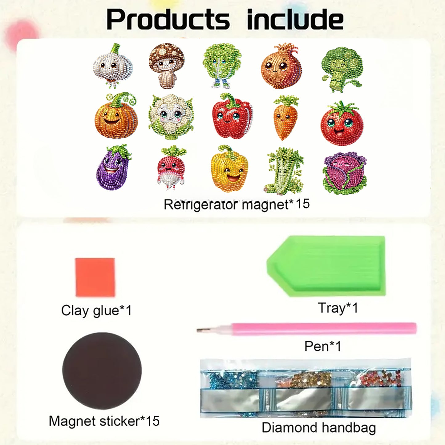 15pcs Vegetables 2D Acrylic DIY Special-Shaped Diamond Art Fridge Magnet Kit