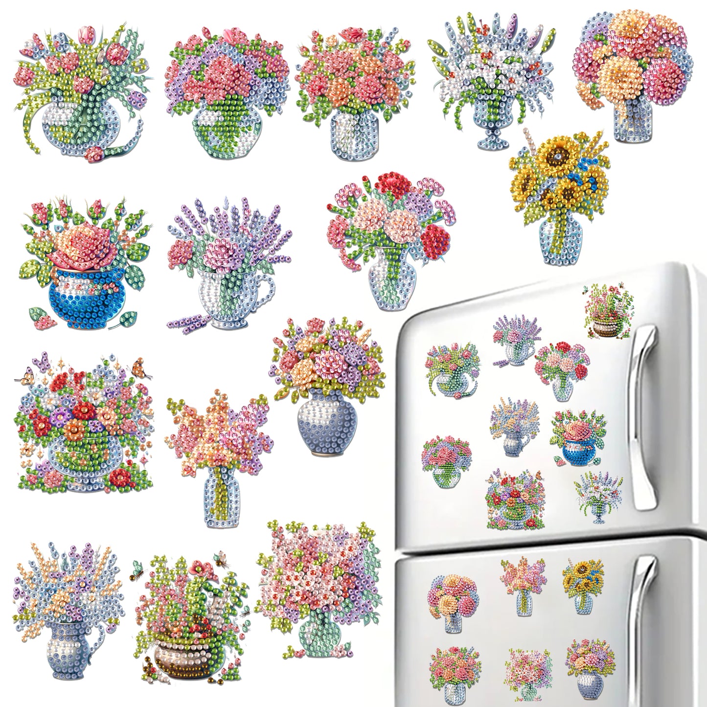 15pcs Flowers 2D Acrylic DIY Special-Shaped Diamond Art Fridge Magnet Kit Decor