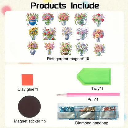 15pcs Flowers 2D Acrylic DIY Special-Shaped Diamond Art Fridge Magnet Kit Decor