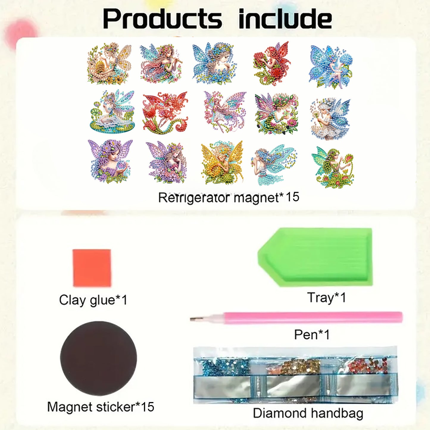 15pcs Fairies 2D Acrylic DIY Special-Shaped Diamond Art Fridge Magnet Kit Decor