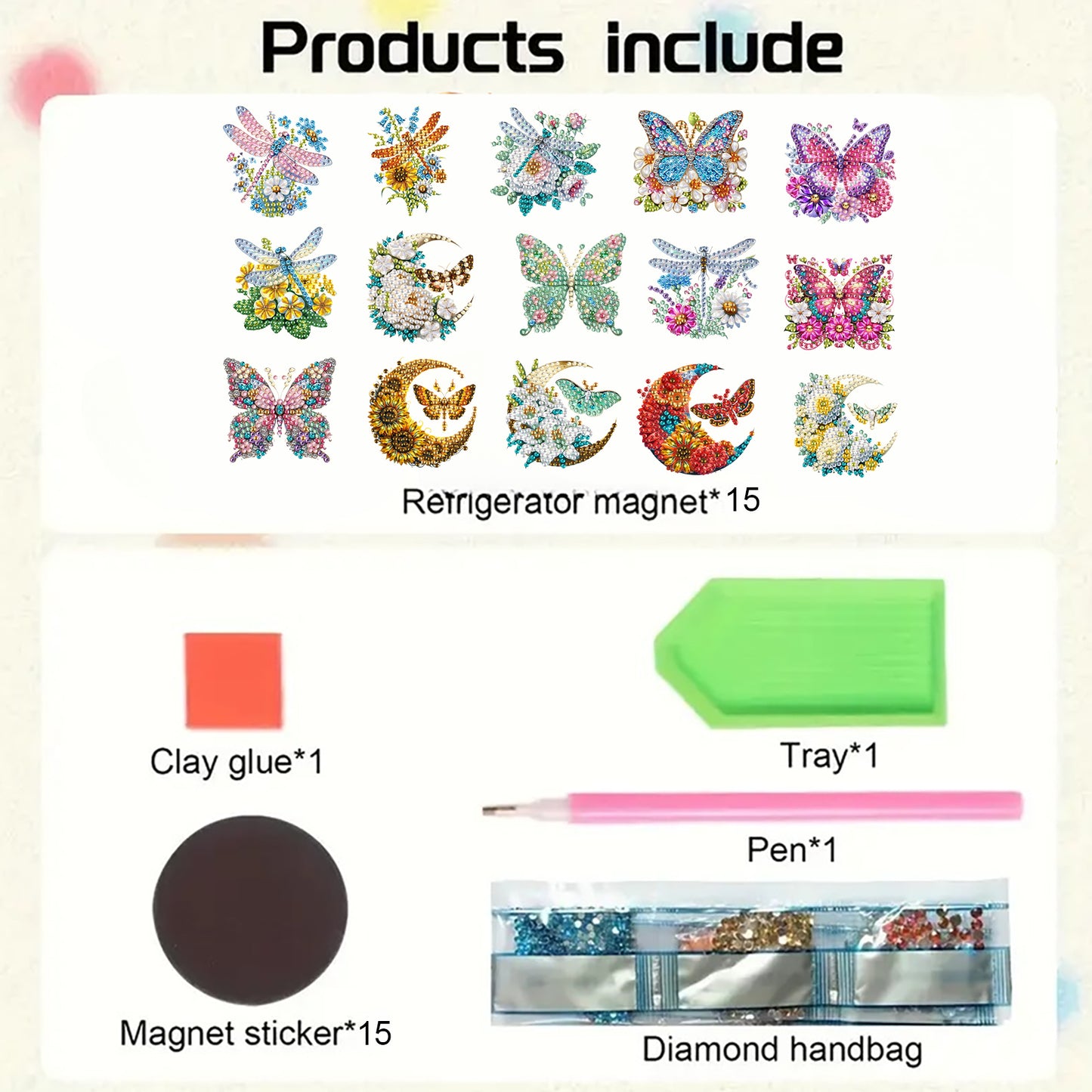 15pcs Butterflies 2D Acrylic DIY Special-Shaped Diamond Art Fridge Magnet Kit