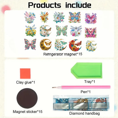 15pcs Butterflies 2D Acrylic DIY Special-Shaped Diamond Art Fridge Magnet Kit