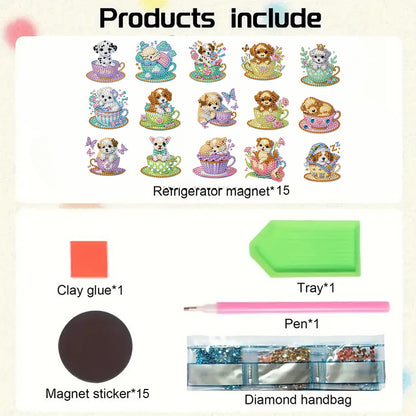 15pcs Dog 2D Acrylic DIY Special-Shaped Diamond Art Fridge Magnet Kit Home Decor