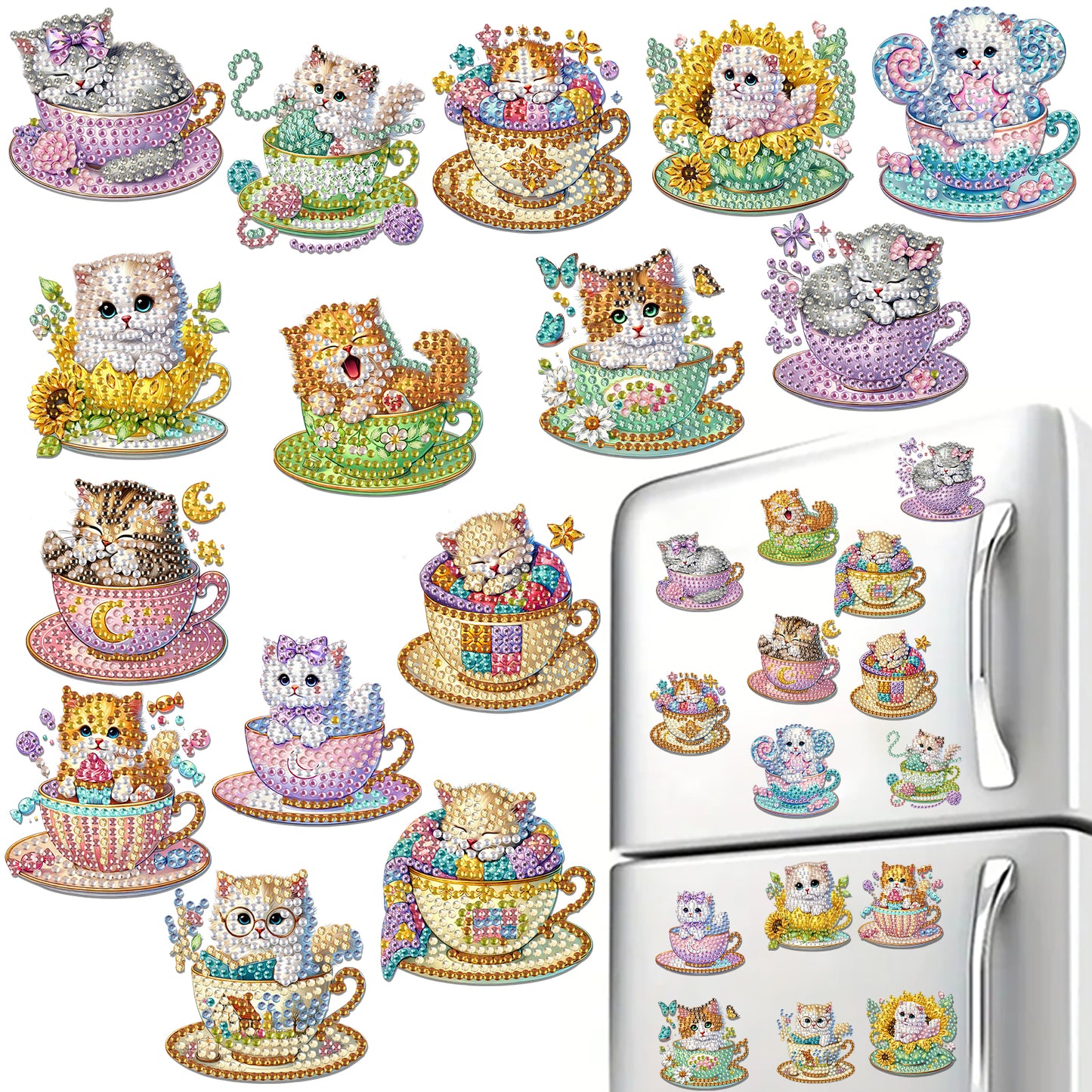 15pcs Cat 2D Acrylic DIY Special-Shaped Diamond Art Fridge Magnet Kit Home Decor