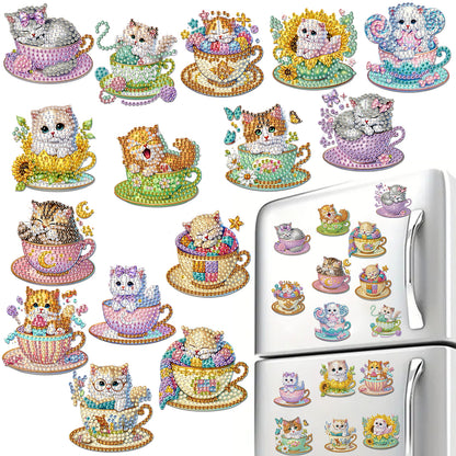 15pcs Cat 2D Acrylic DIY Special-Shaped Diamond Art Fridge Magnet Kit Home Decor