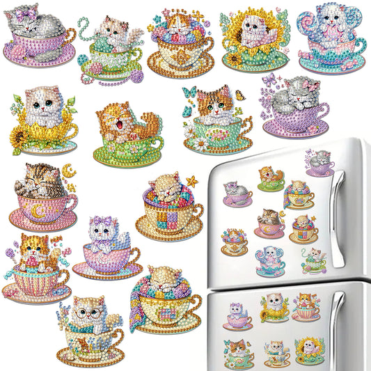 15pcs Cat 2D Acrylic DIY Special-Shaped Diamond Art Fridge Magnet Kit Home Decor