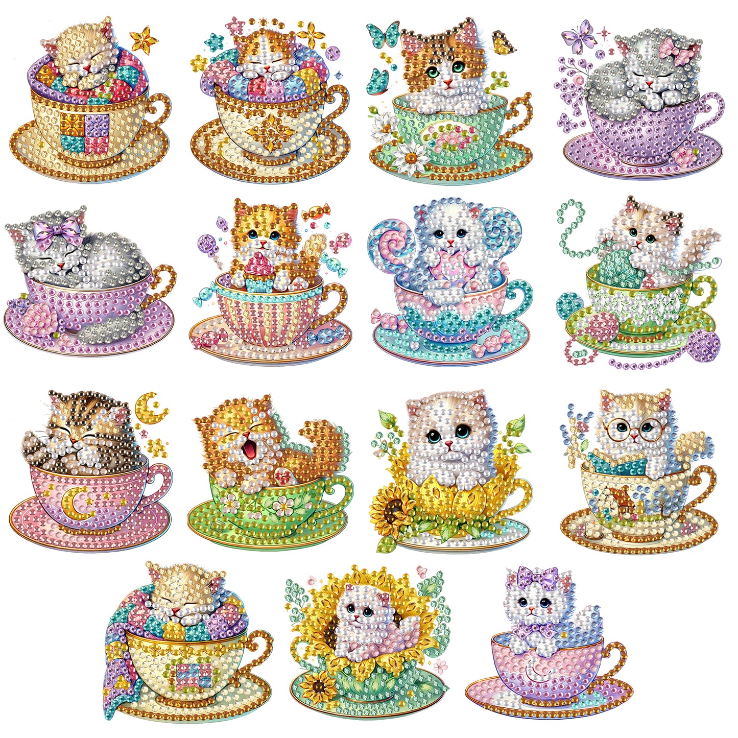 15pcs Cat 2D Acrylic DIY Special-Shaped Diamond Art Fridge Magnet Kit Home Decor