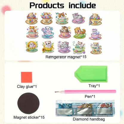15pcs Cat 2D Acrylic DIY Special-Shaped Diamond Art Fridge Magnet Kit Home Decor