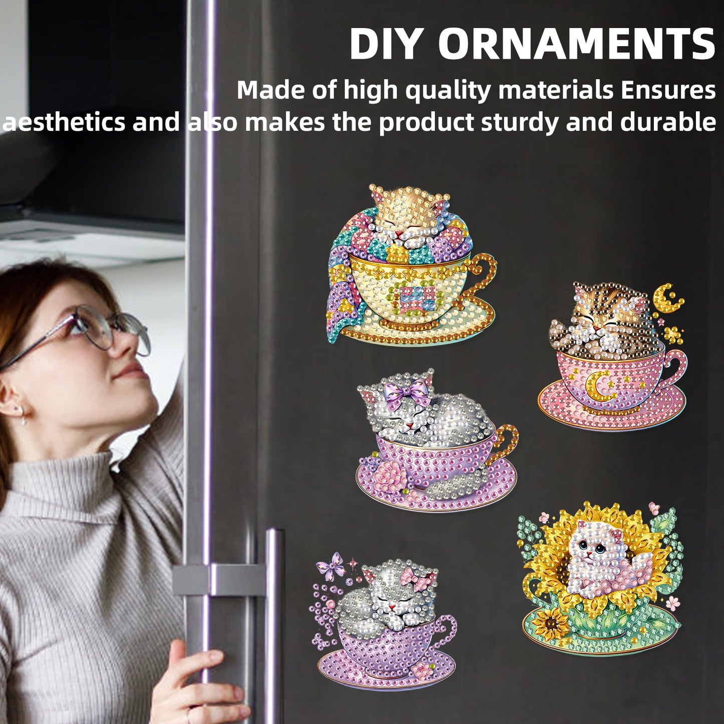 15pcs Cat 2D Acrylic DIY Special-Shaped Diamond Art Fridge Magnet Kit Home Decor