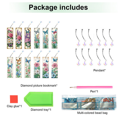 12Pcs Butterfly Flowers DIY Diamond Painting Bookmark for Adults Book Lovers