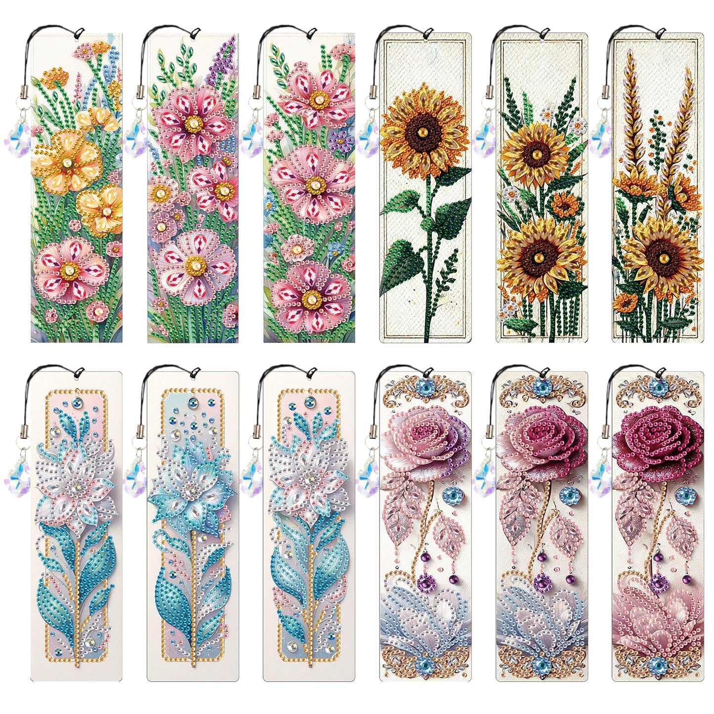 12Pcs Flowers DIY Diamond Painting Bookmark for Book Lovers Beginners   Adults
