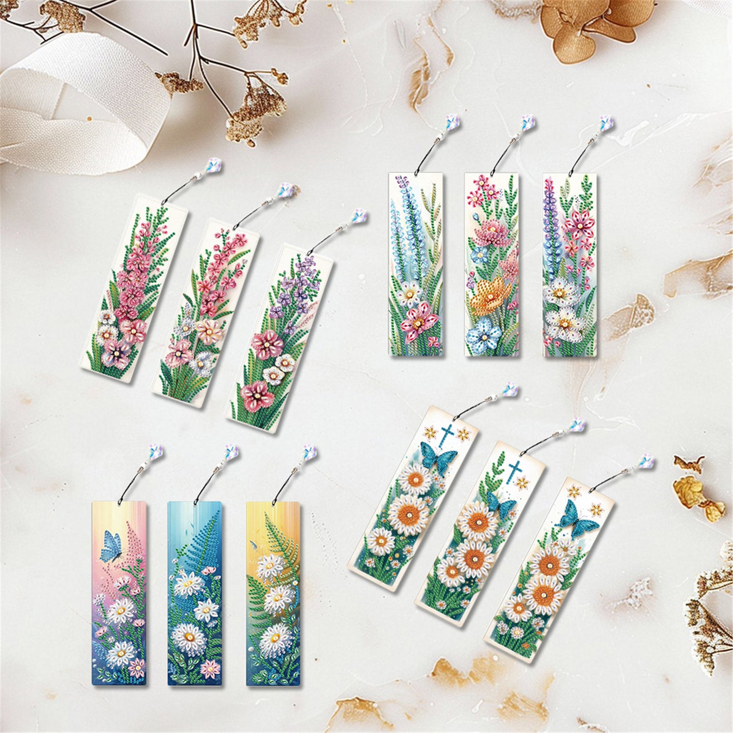 12Pcs Bouquet Flowers DIY Diamond Painting Bookmark for Adults Book Lovers Gifts