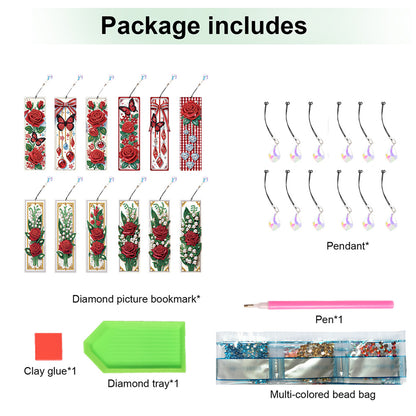 12Pcs Rose Flowers DIY Diamond Painting Bookmark for Adults Book Lovers Gifts