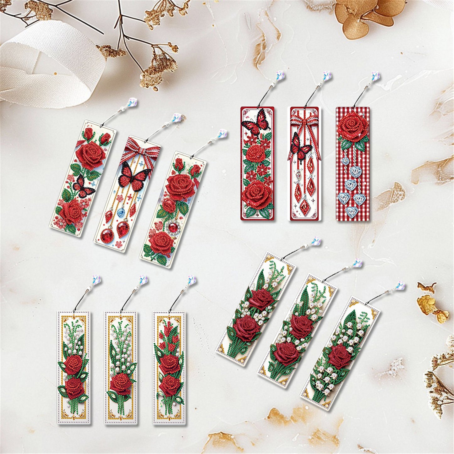 12Pcs Rose Flowers DIY Diamond Painting Bookmark for Adults Book Lovers Gifts