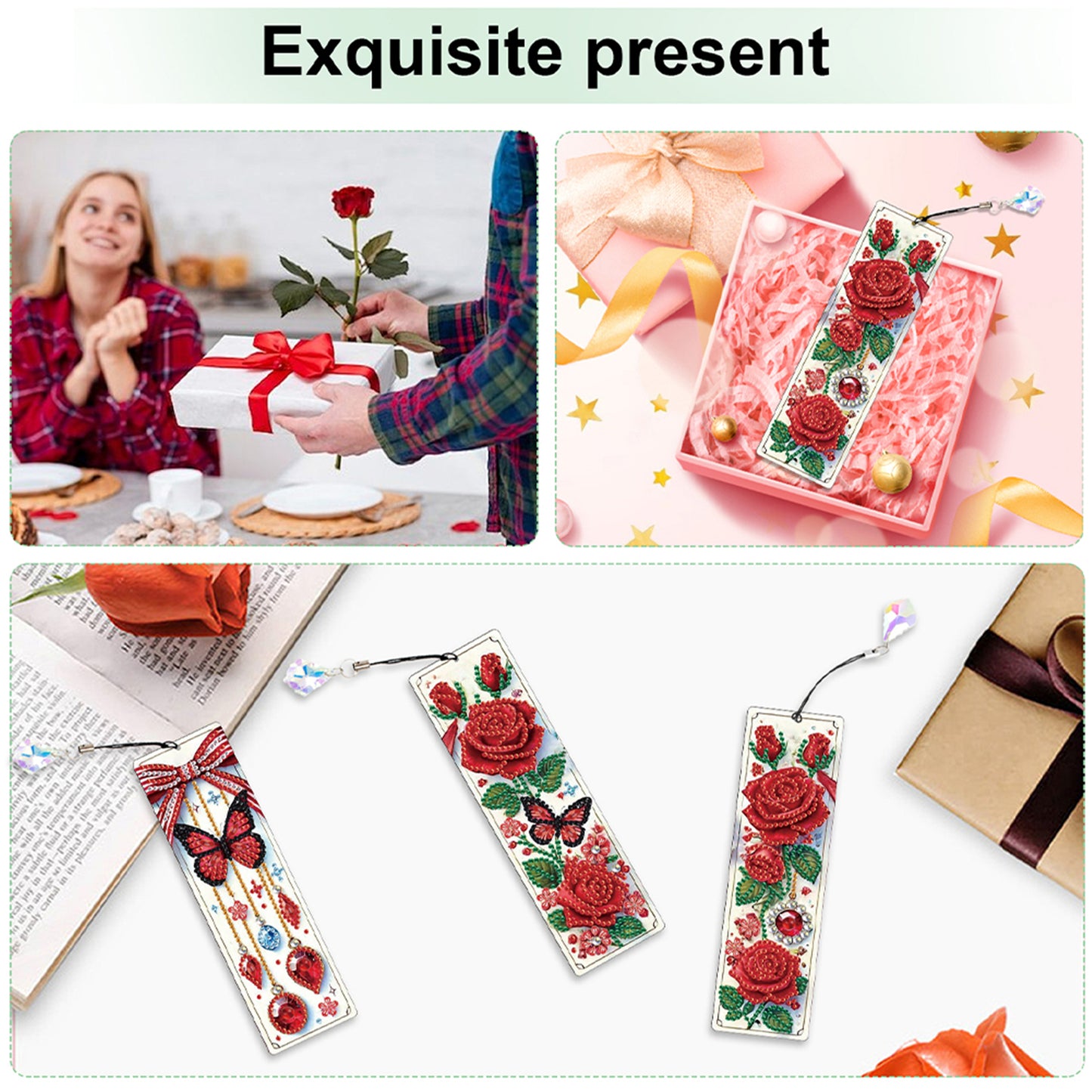 12Pcs Rose Flowers DIY Diamond Painting Bookmark for Adults Book Lovers Gifts