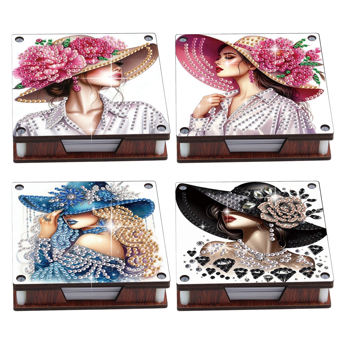 4pcs Wooden DIY Hat Girl Diamond Painting Kit Note Box with 480 Papers Gifts