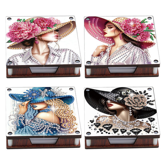 4pcs Wooden DIY Hat Girl Diamond Painting Kit Note Box with 480 Papers Gifts