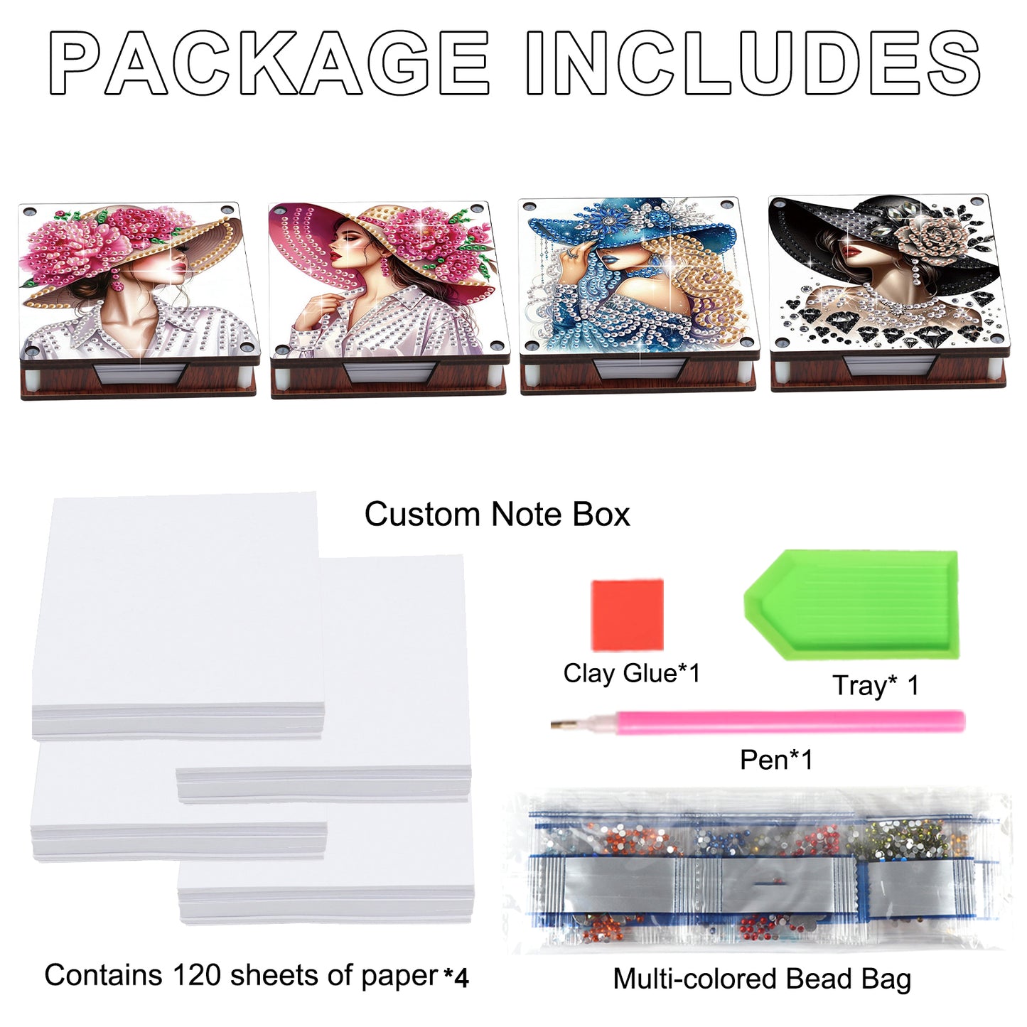 4pcs Wooden DIY Hat Girl Diamond Painting Kit Note Box with 480 Papers Gifts
