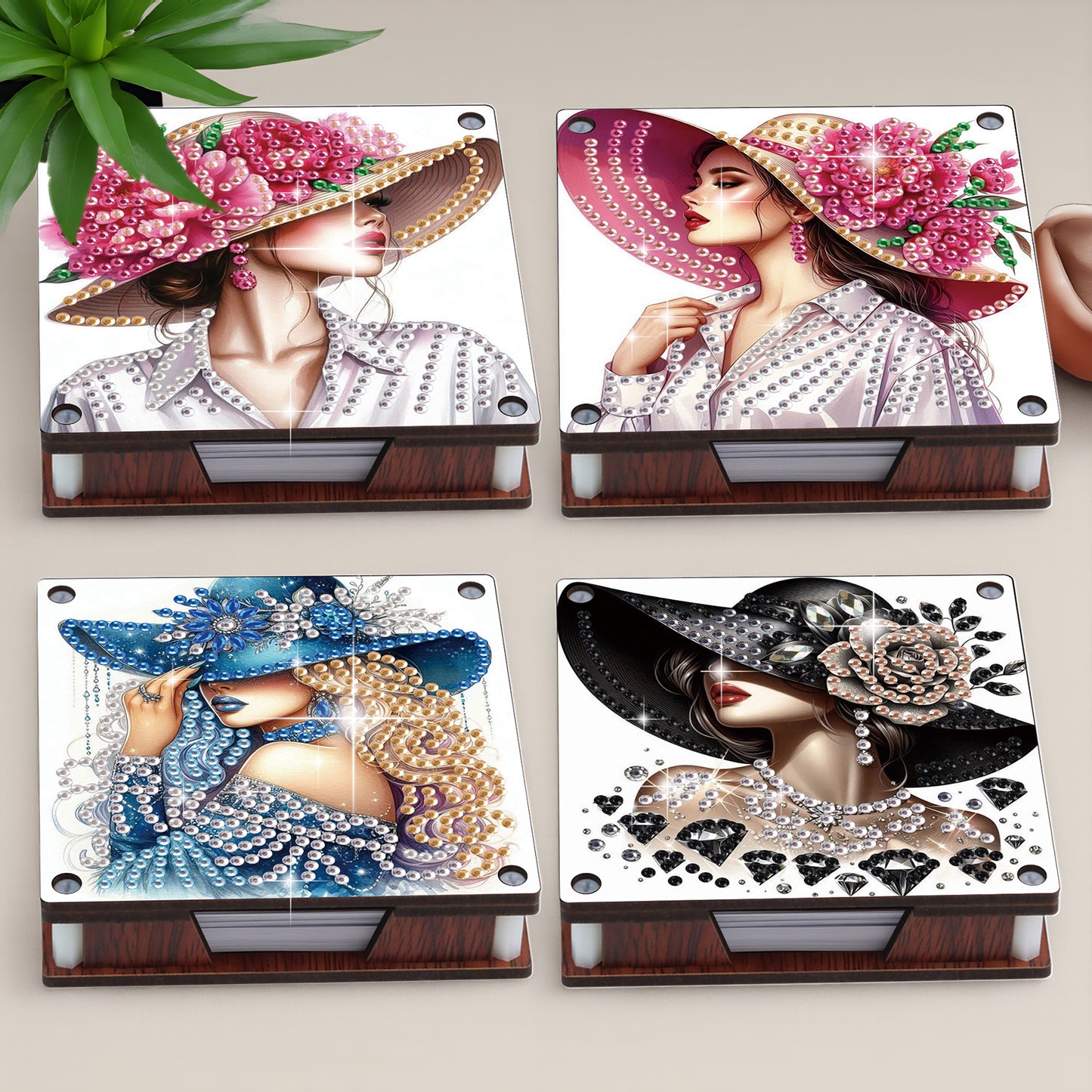 4pcs Wooden DIY Hat Girl Diamond Painting Kit Note Box with 480 Papers Gifts