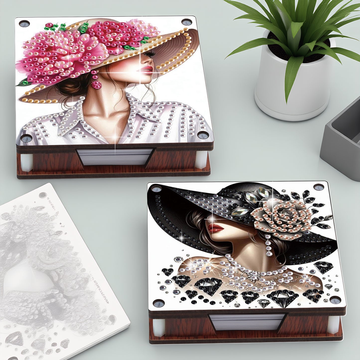 4pcs Wooden DIY Hat Girl Diamond Painting Kit Note Box with 480 Papers Gifts