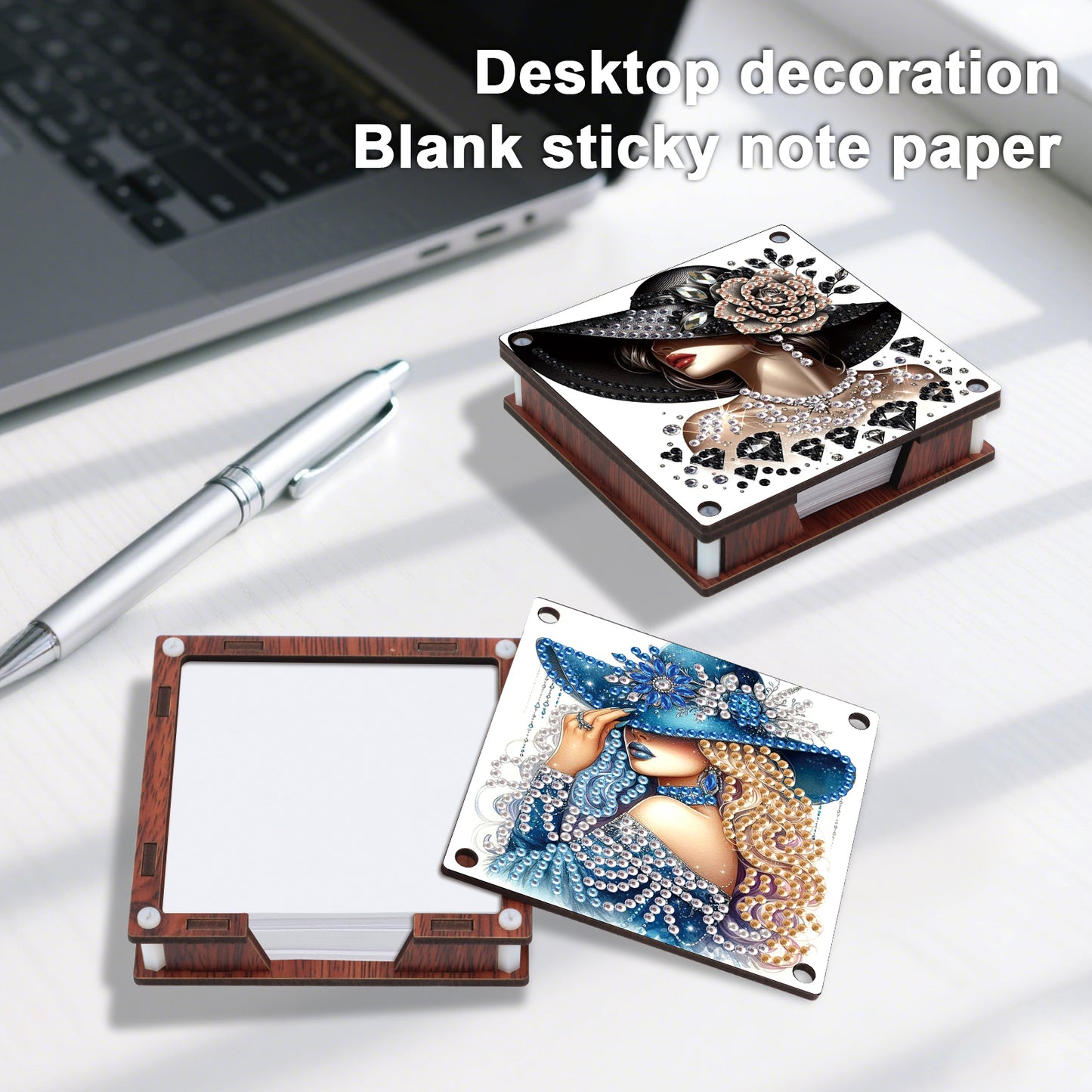 4pcs Wooden DIY Hat Girl Diamond Painting Kit Note Box with 480 Papers Gifts