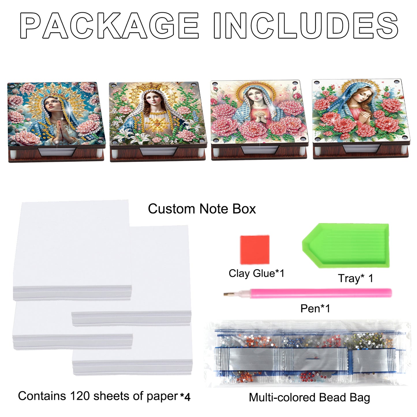 4pcs Wooden DIY Mother Mary Diamond Painting Kit Note Box with 480 Papers Gifts