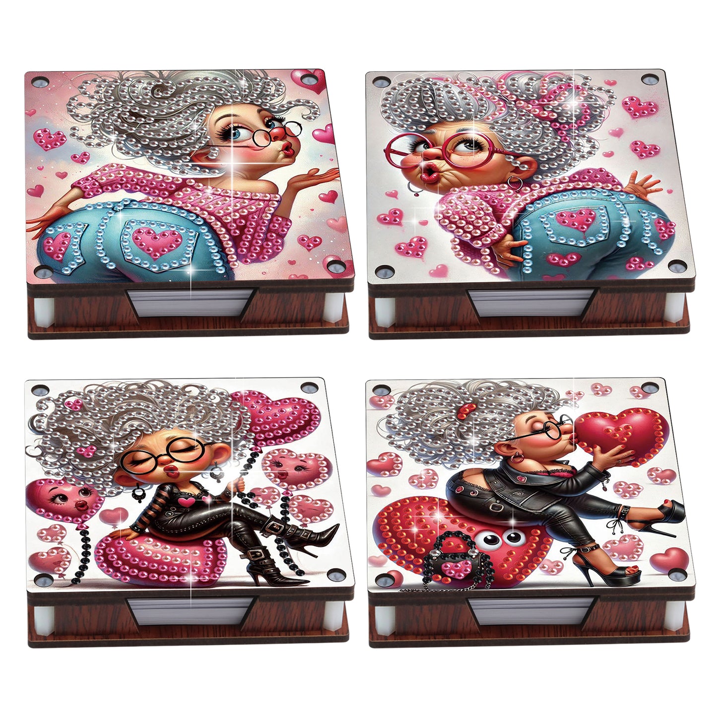 4pcs Wooden DIY Funny Old Lady Diamond Painting Kit Note Box with 480 Papers