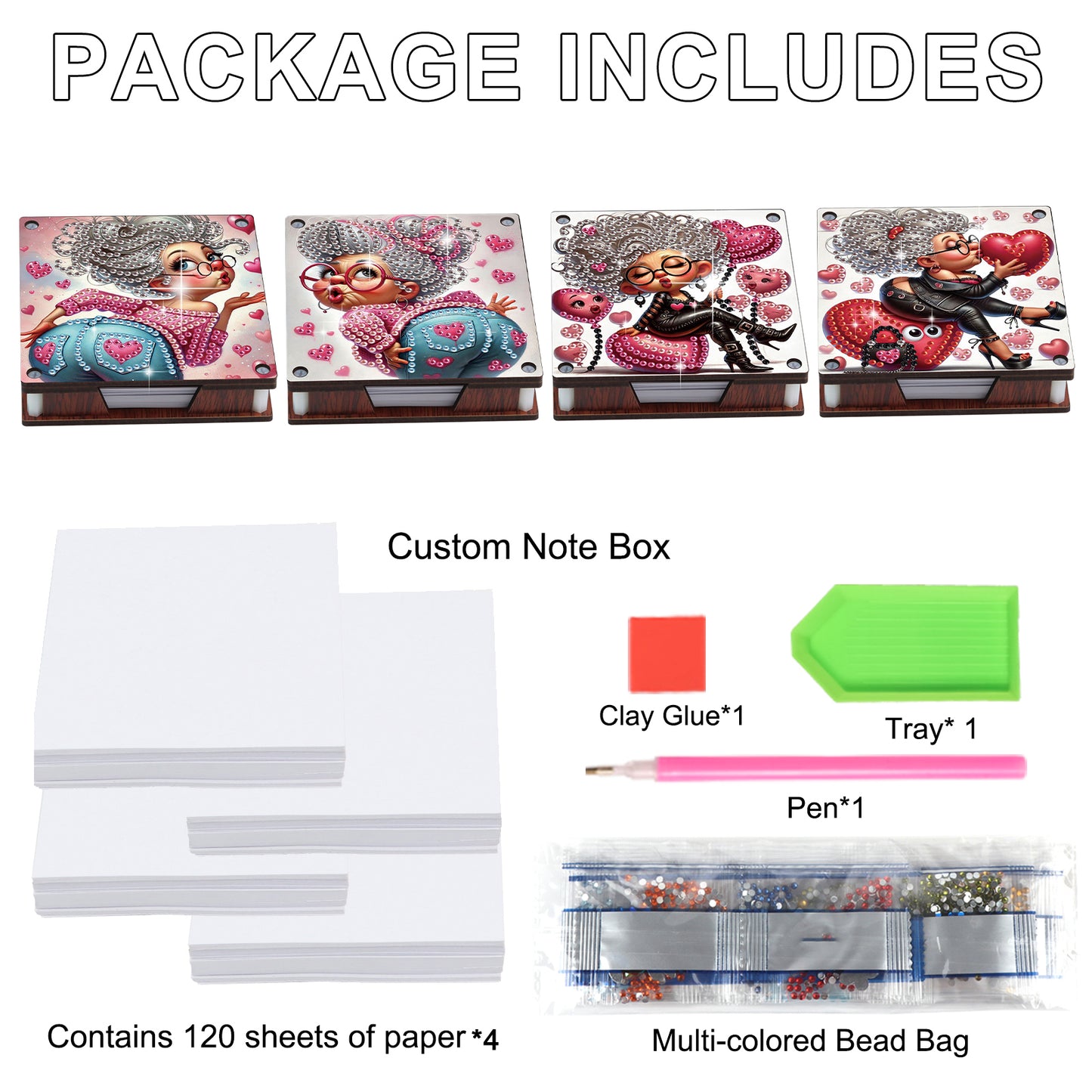 4pcs Wooden DIY Funny Old Lady Diamond Painting Kit Note Box with 480 Papers