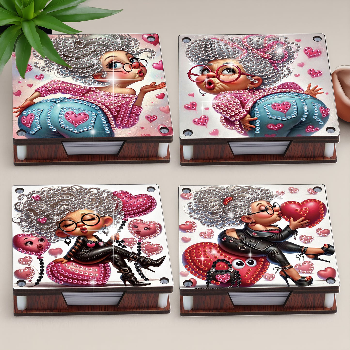 4pcs Wooden DIY Funny Old Lady Diamond Painting Kit Note Box with 480 Papers