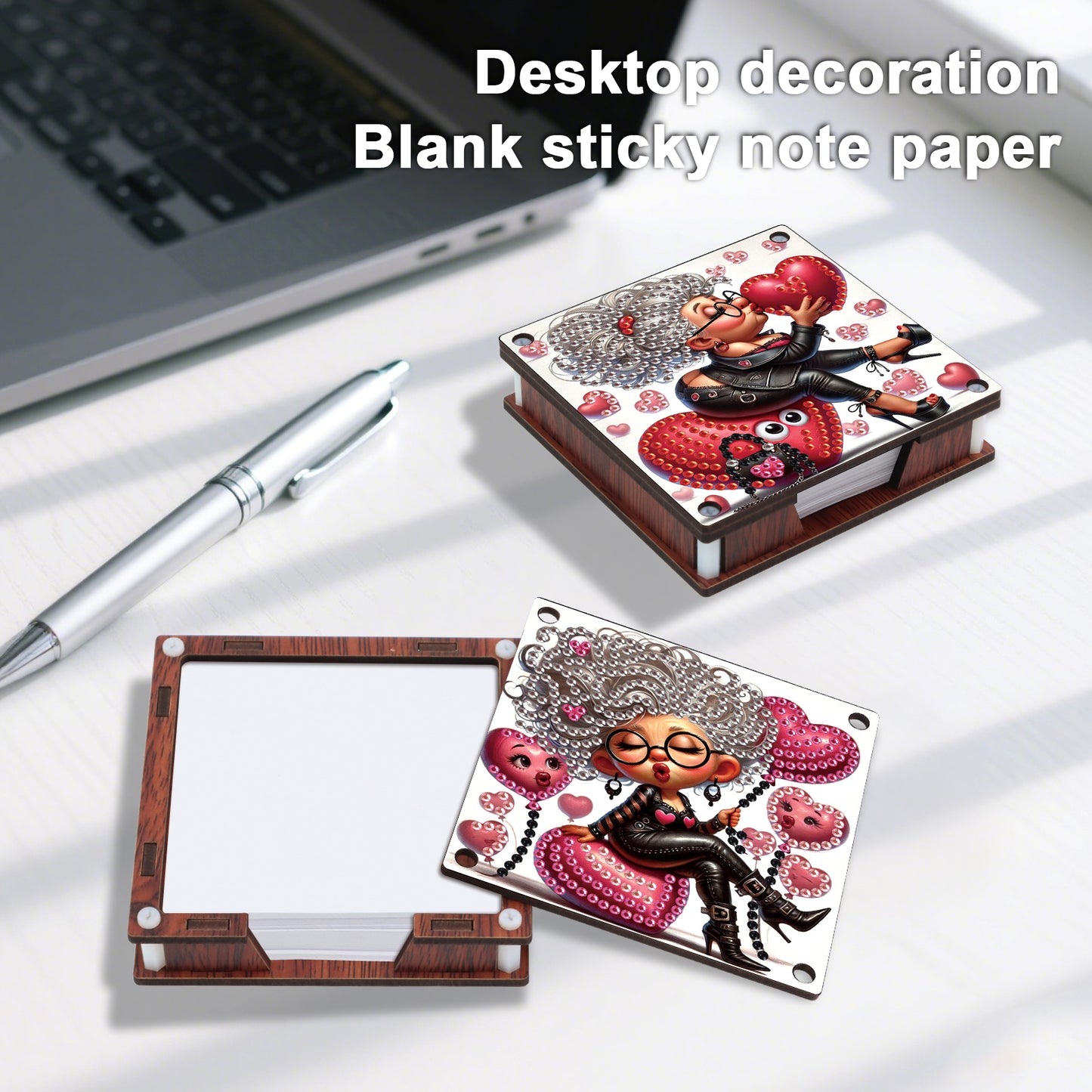 4pcs Wooden DIY Funny Old Lady Diamond Painting Kit Note Box with 480 Papers