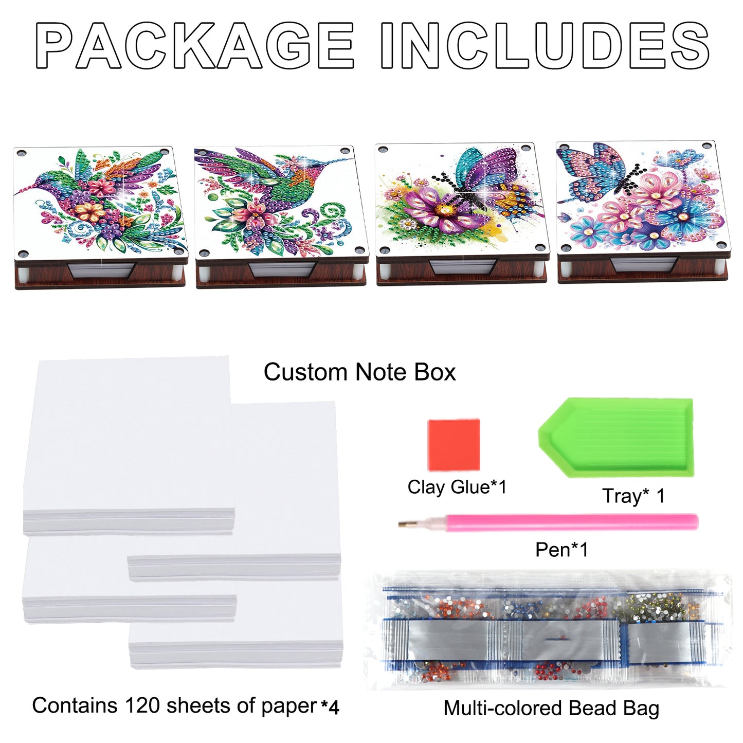 4pcs Wooden DIY Hummingbird Butterfly Diamond Painting Kit Note Box for Office