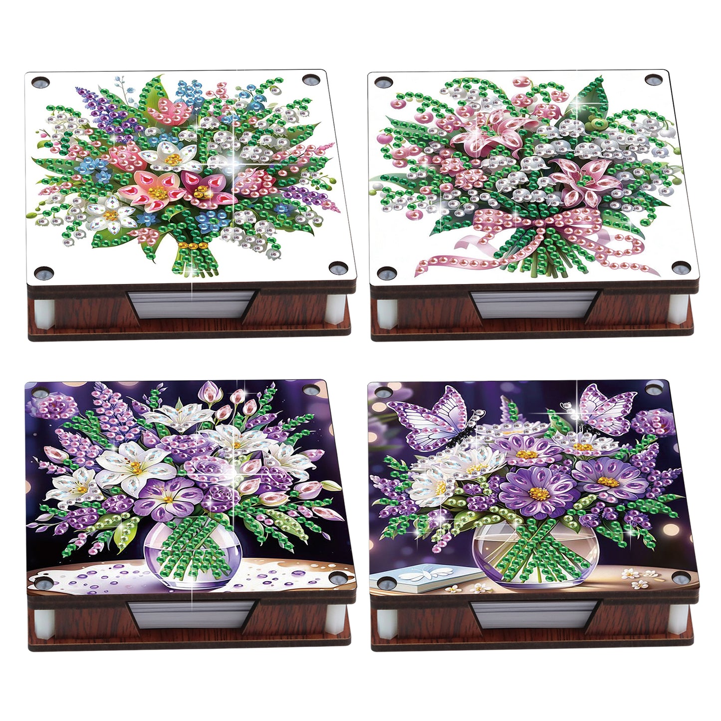 4pcs Wooden DIY Flower Bouquet Diamond Painting Kit Note Box with 480 Papers