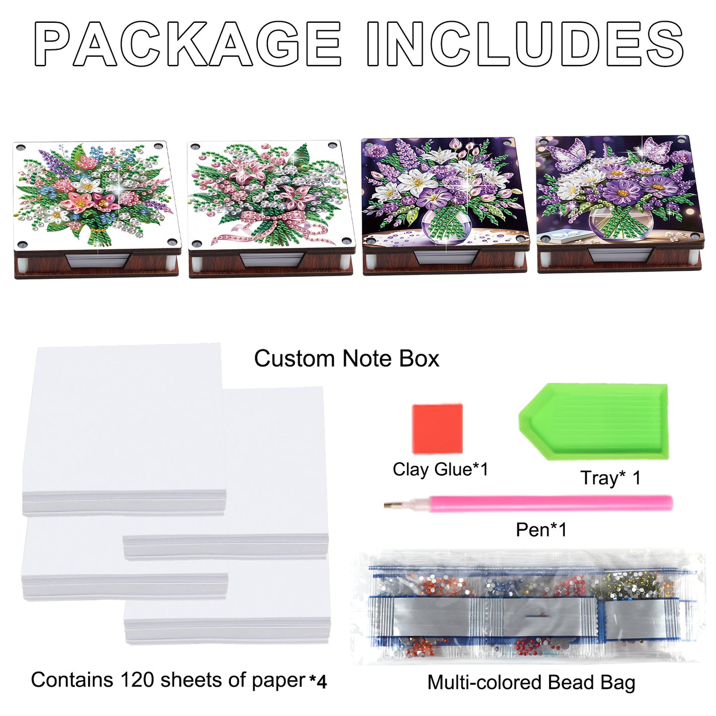 4pcs Wooden DIY Flower Bouquet Diamond Painting Kit Note Box with 480 Papers
