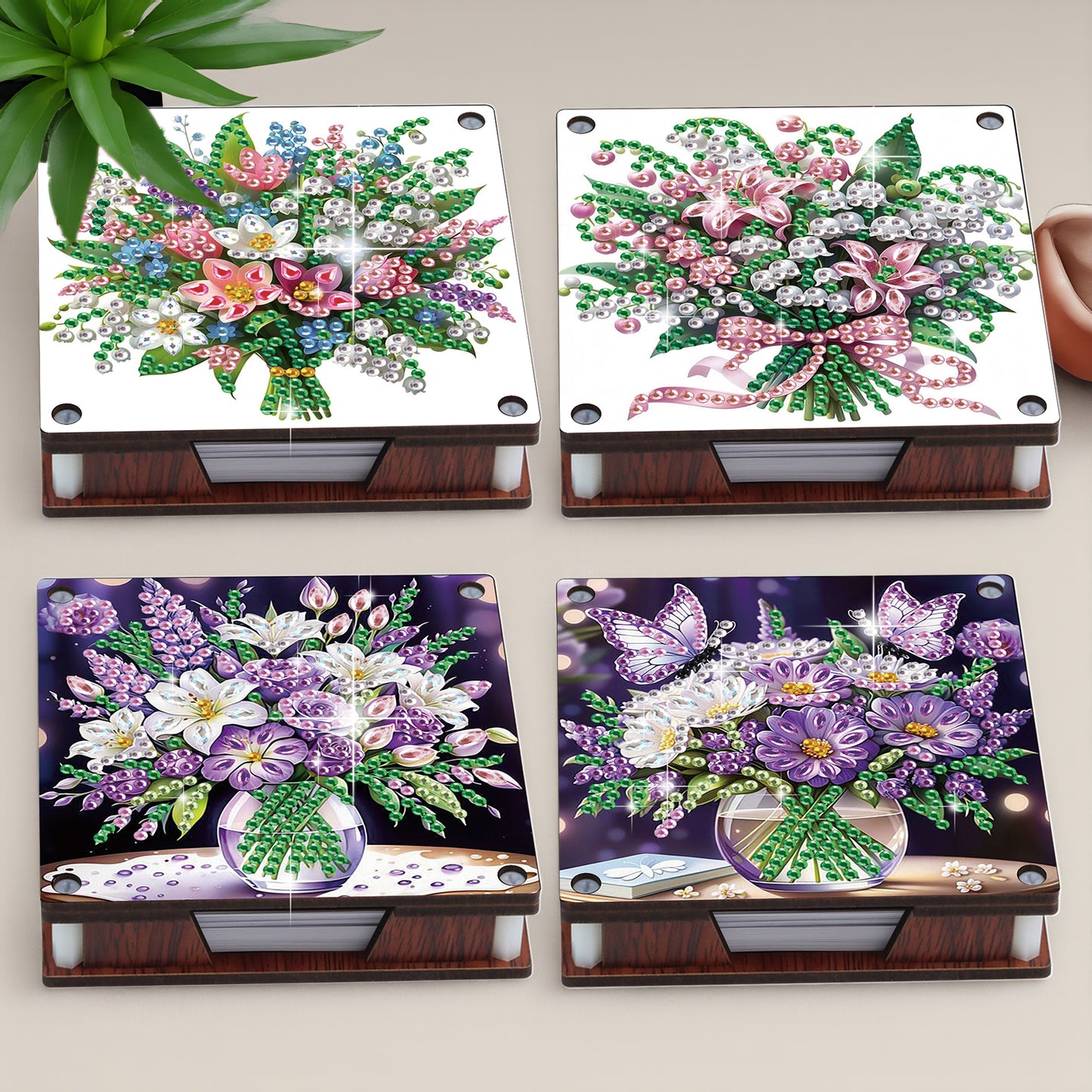 4pcs Wooden DIY Flower Bouquet Diamond Painting Kit Note Box with 480 Papers