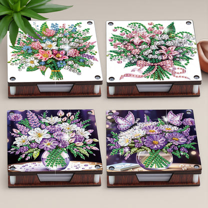 4pcs Wooden DIY Flower Bouquet Diamond Painting Kit Note Box with 480 Papers