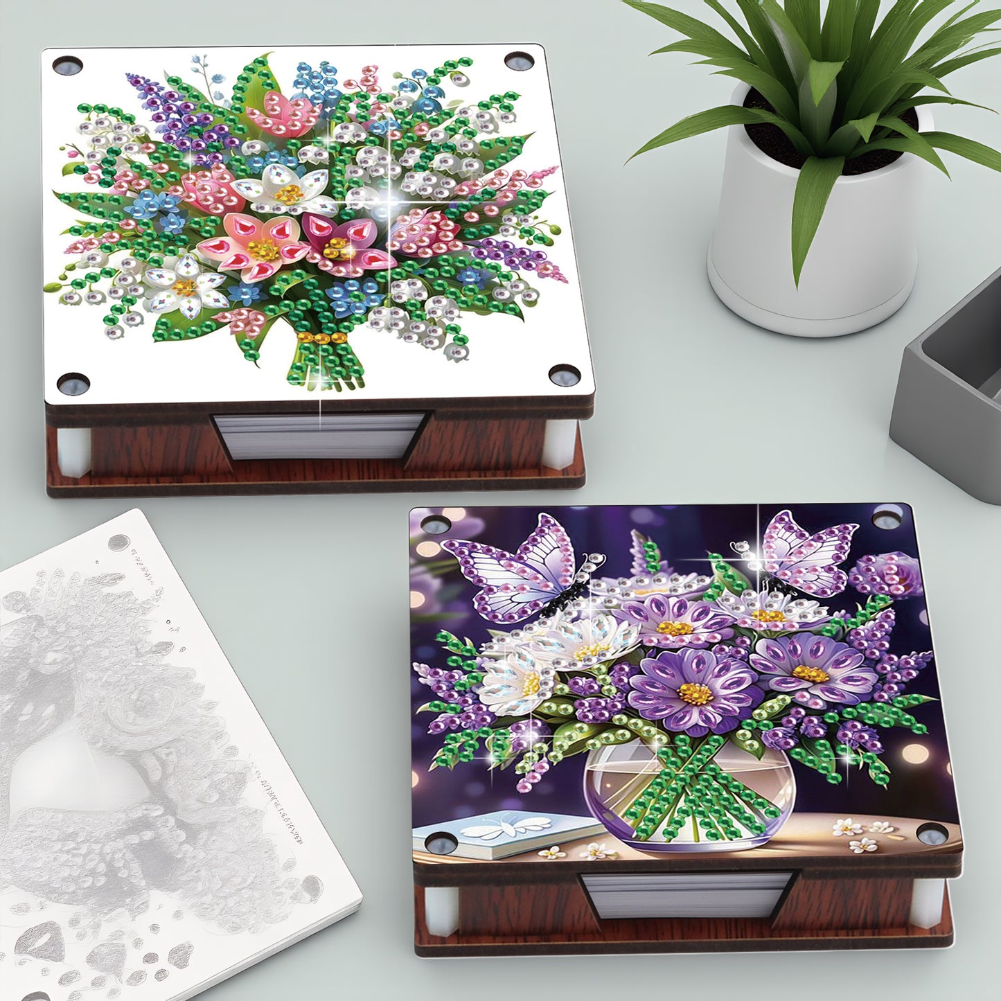 4pcs Wooden DIY Flower Bouquet Diamond Painting Kit Note Box with 480 Papers