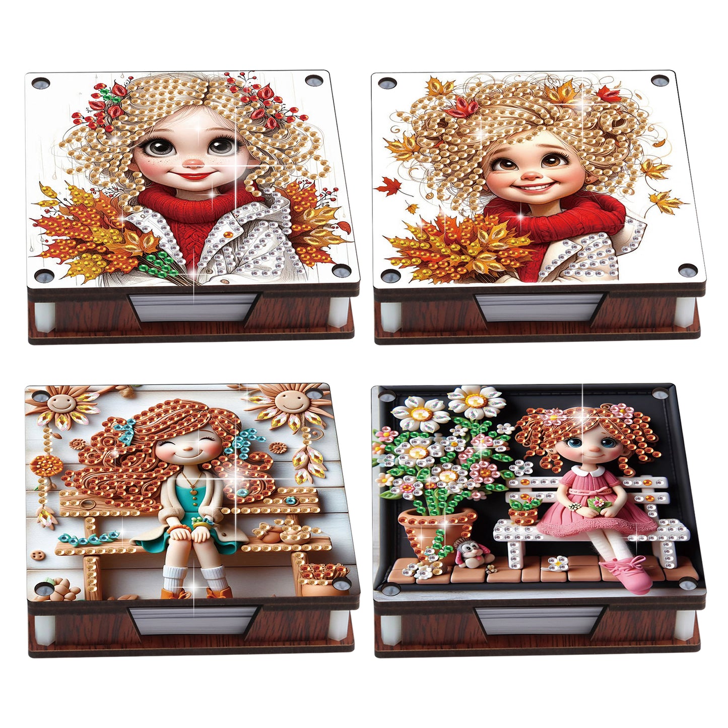 4pcs Wooden DIY Flower Girl Diamond Painting Kit Note Box with 480 Papers Gifts