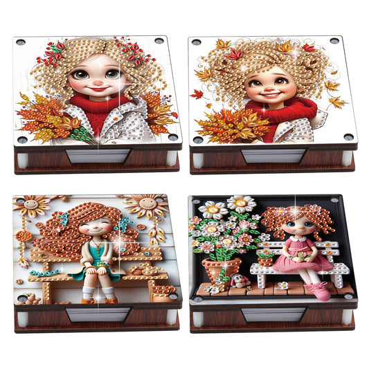 4pcs Wooden DIY Flower Girl Diamond Painting Kit Note Box with 480 Papers Gifts
