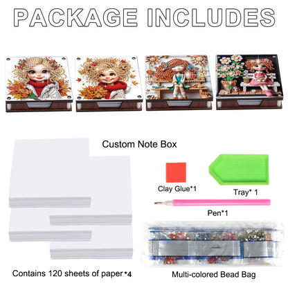 4pcs Wooden DIY Flower Girl Diamond Painting Kit Note Box with 480 Papers Gifts