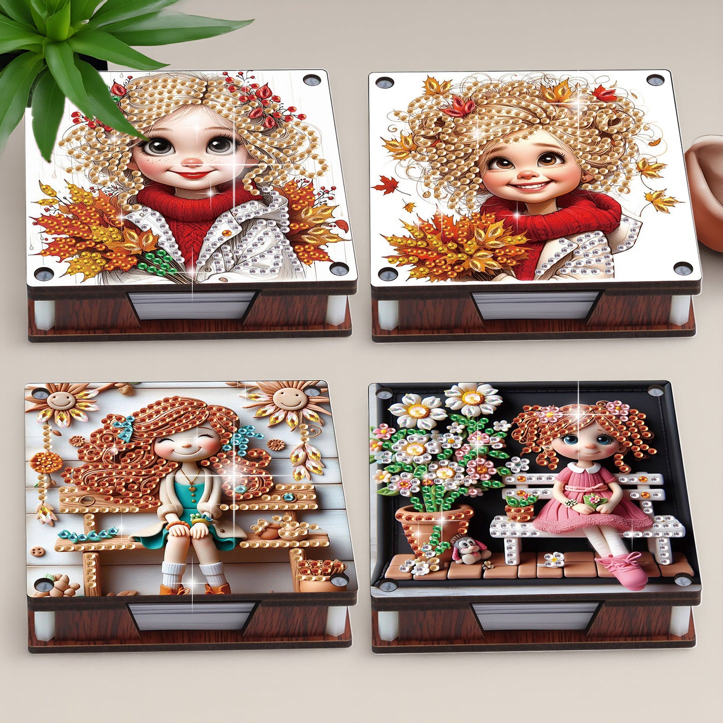 4pcs Wooden DIY Flower Girl Diamond Painting Kit Note Box with 480 Papers Gifts