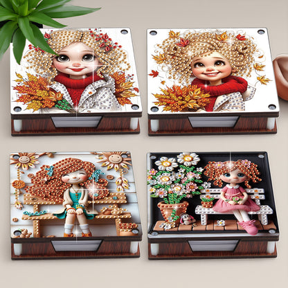 4pcs Wooden DIY Flower Girl Diamond Painting Kit Note Box with 480 Papers Gifts