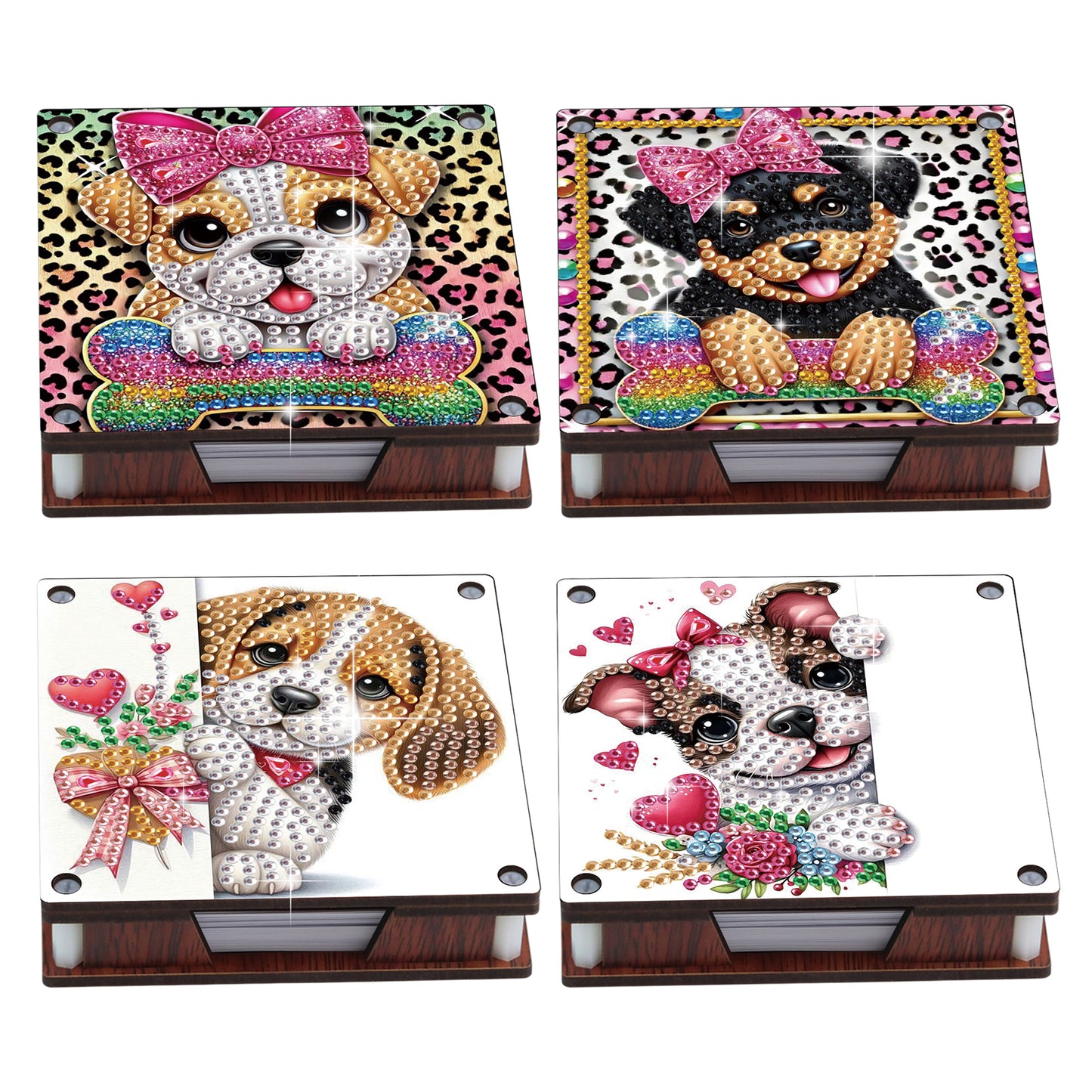 4pcs Wooden DIY Cute Dog Diamond Painting Kit Note Box with 480 Papers Gifts