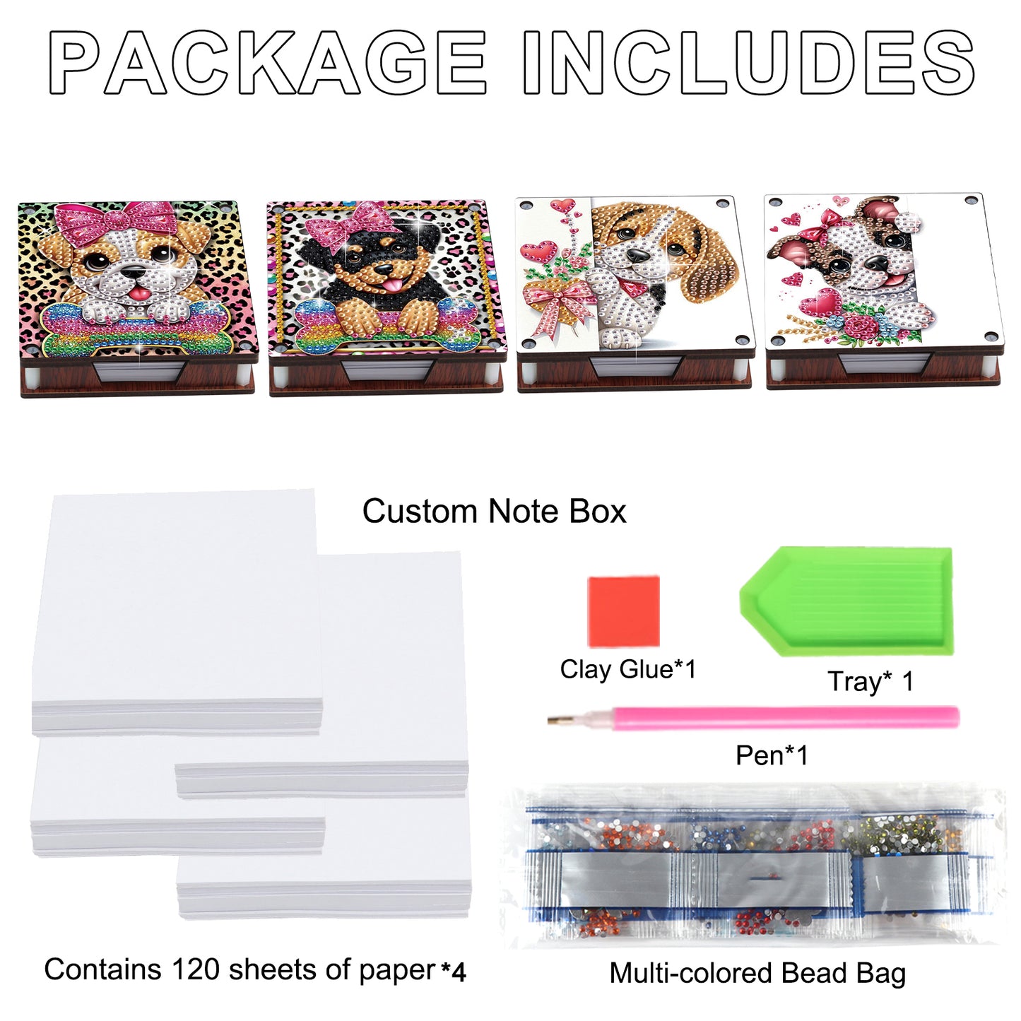 4pcs Wooden DIY Cute Dog Diamond Painting Kit Note Box with 480 Papers Gifts