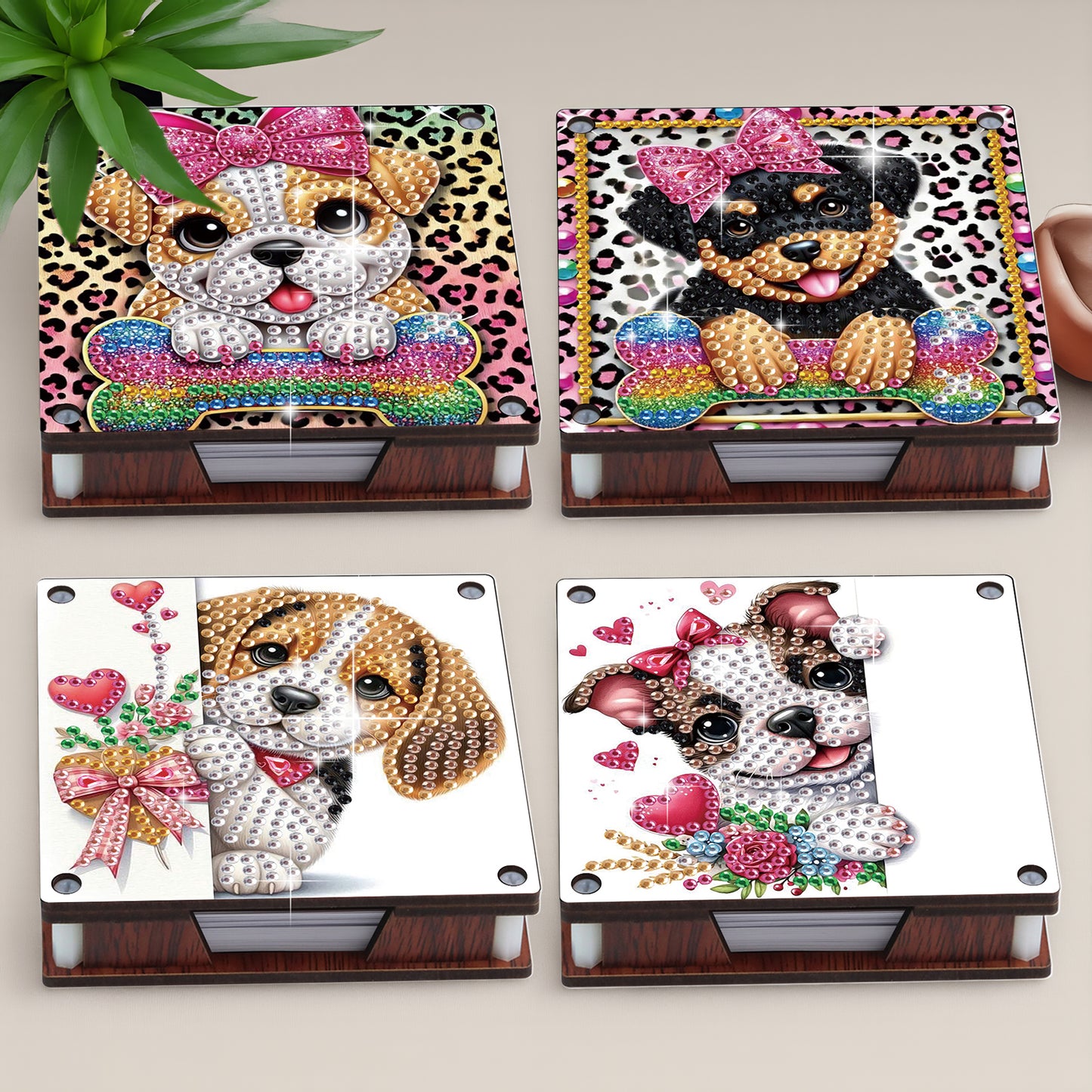 4pcs Wooden DIY Cute Dog Diamond Painting Kit Note Box with 480 Papers Gifts
