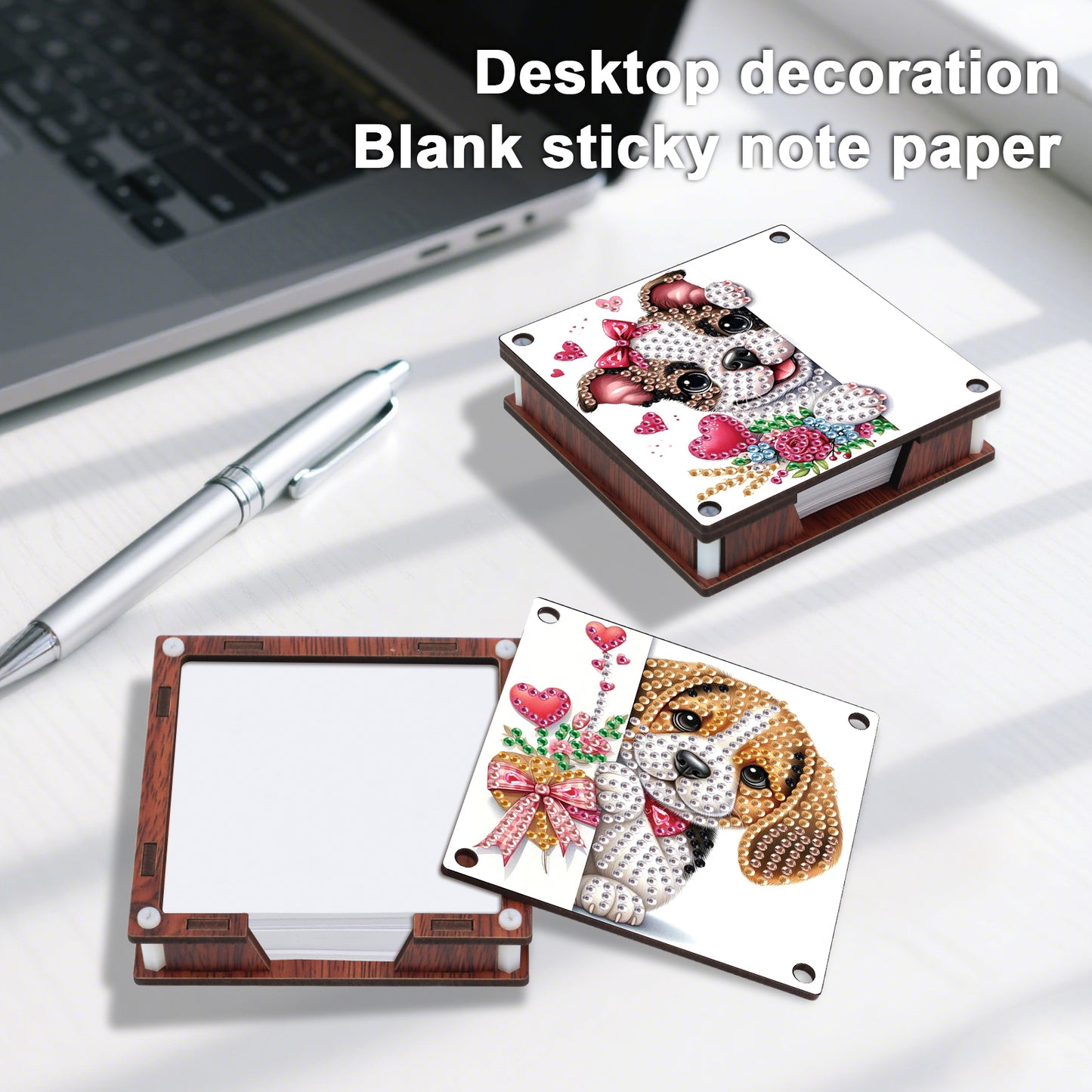 4pcs Wooden DIY Cute Dog Diamond Painting Kit Note Box with 480 Papers Gifts